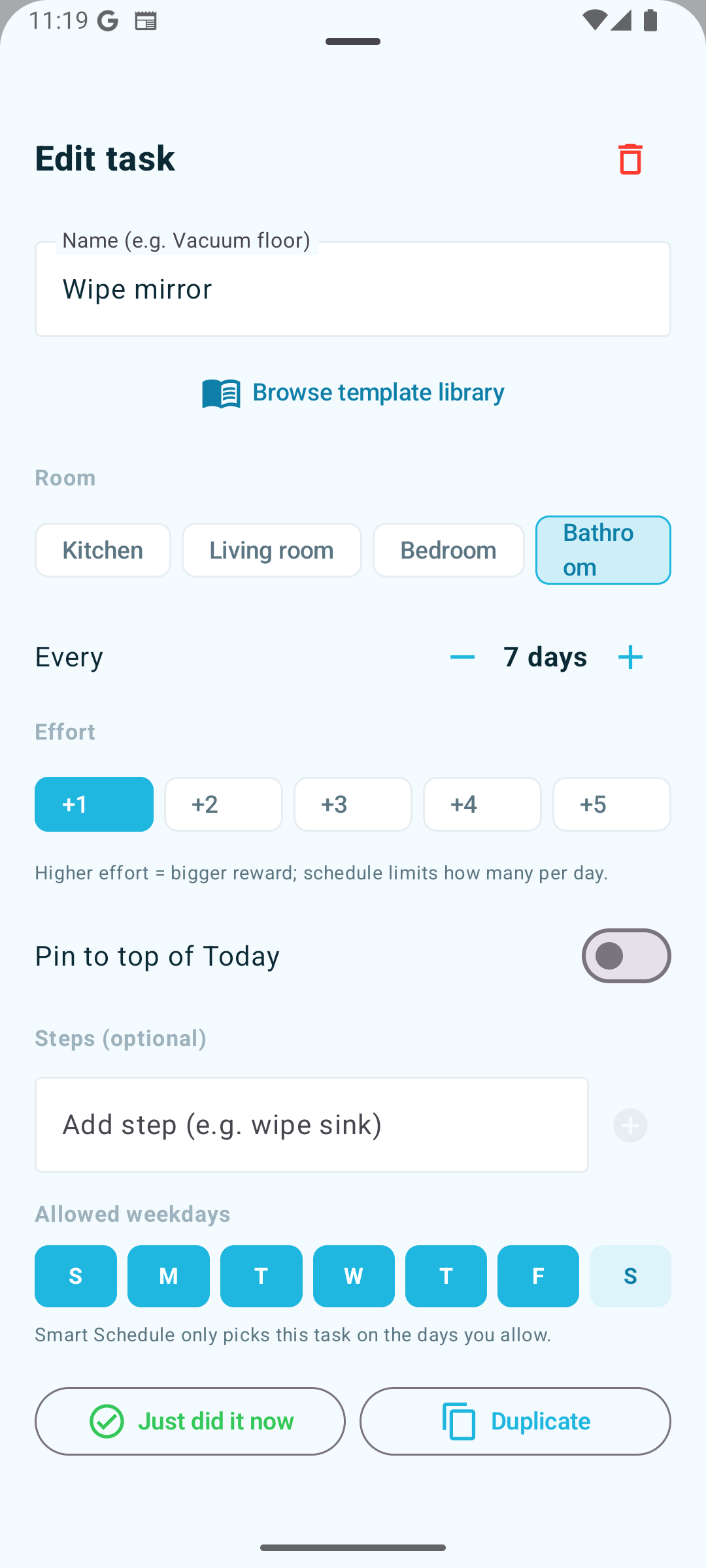 Edit task sheet — interval, effort, weekdays